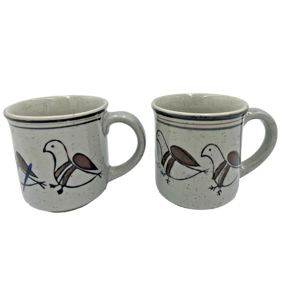 Vtg Set of‎ 2 Primitive Collection Shafford Stoneware Bird Cups Mugs